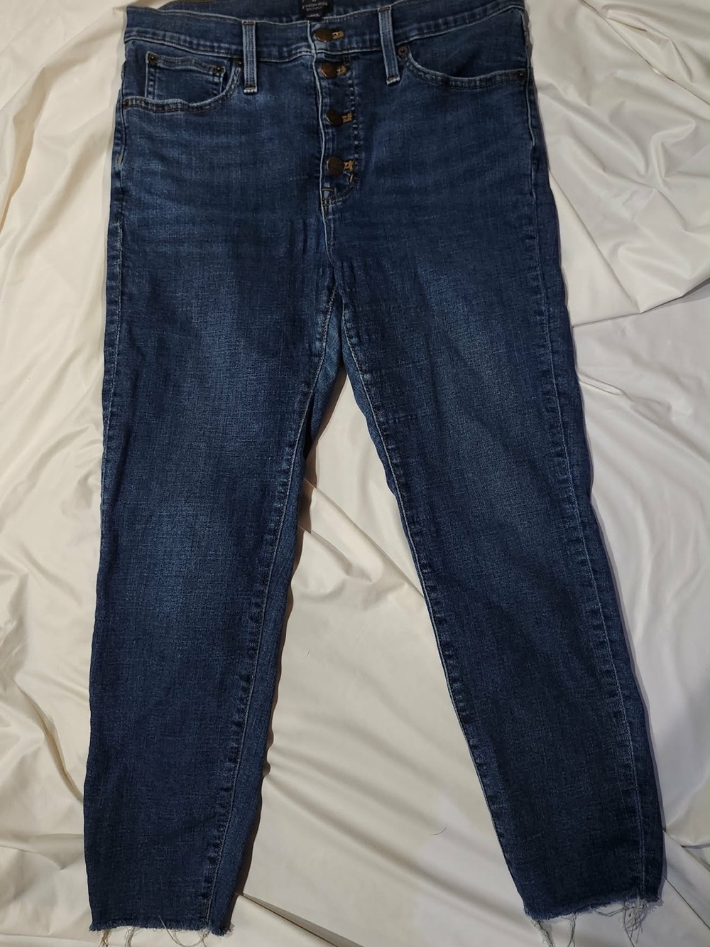 J. Crew High Rise Skinny Jeans in Dark Blue Wash With Distressed Hem Size 30P